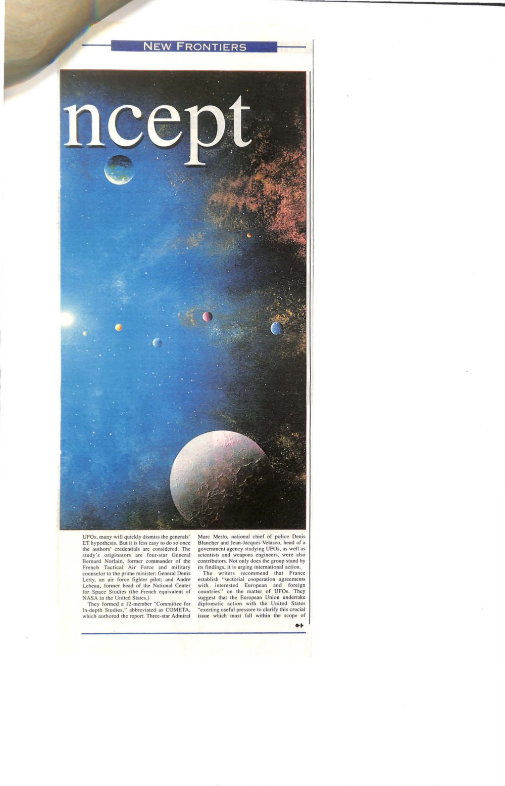 Página de jornal com ilustração de planetas e texto em colunas.