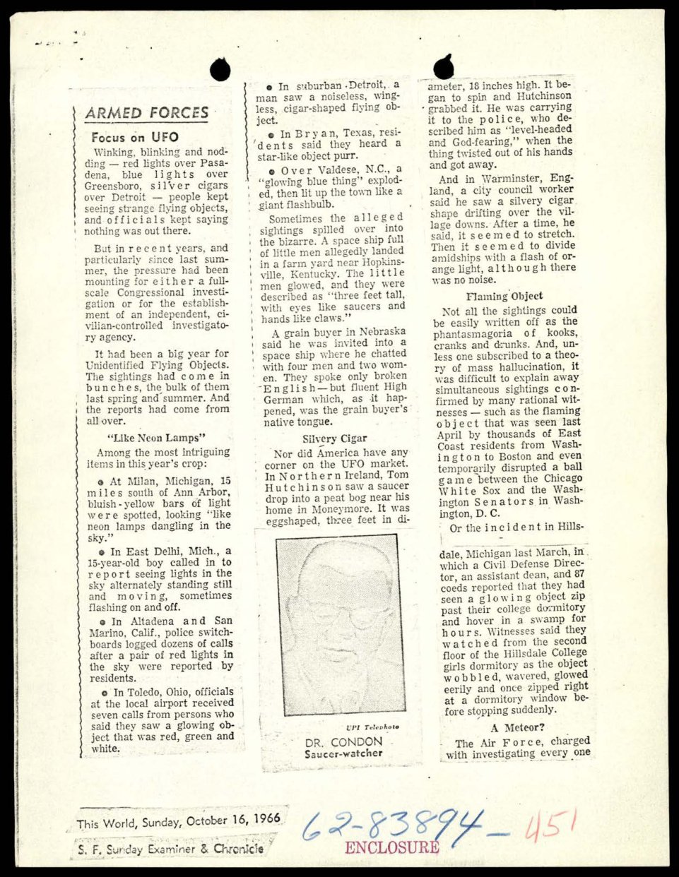 Recorte de jornal em três colunas com o título Armed Forces, Focus on UFO, e uma pequena foto de rosto de Edward Condon.