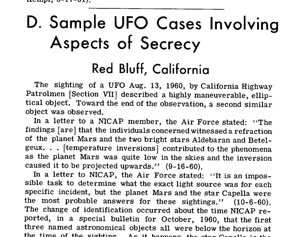 Trecho de página impressa com os títulos D. Sample UFO Cases Involving Aspects of Secrecy e Red Bluff, California.