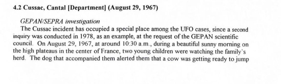 Trecho datilografado em inglês com o título 4.2 Cussac, Cantal, August 29, 1967, e o subtítulo GEPAN/SEPRA investigation.