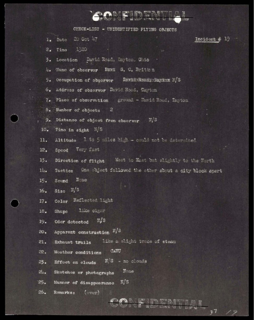 Ficha datilografada com campos numerados de 1 a 26, em negativo fotográfico, com carimbo CONFIDENTIAL.