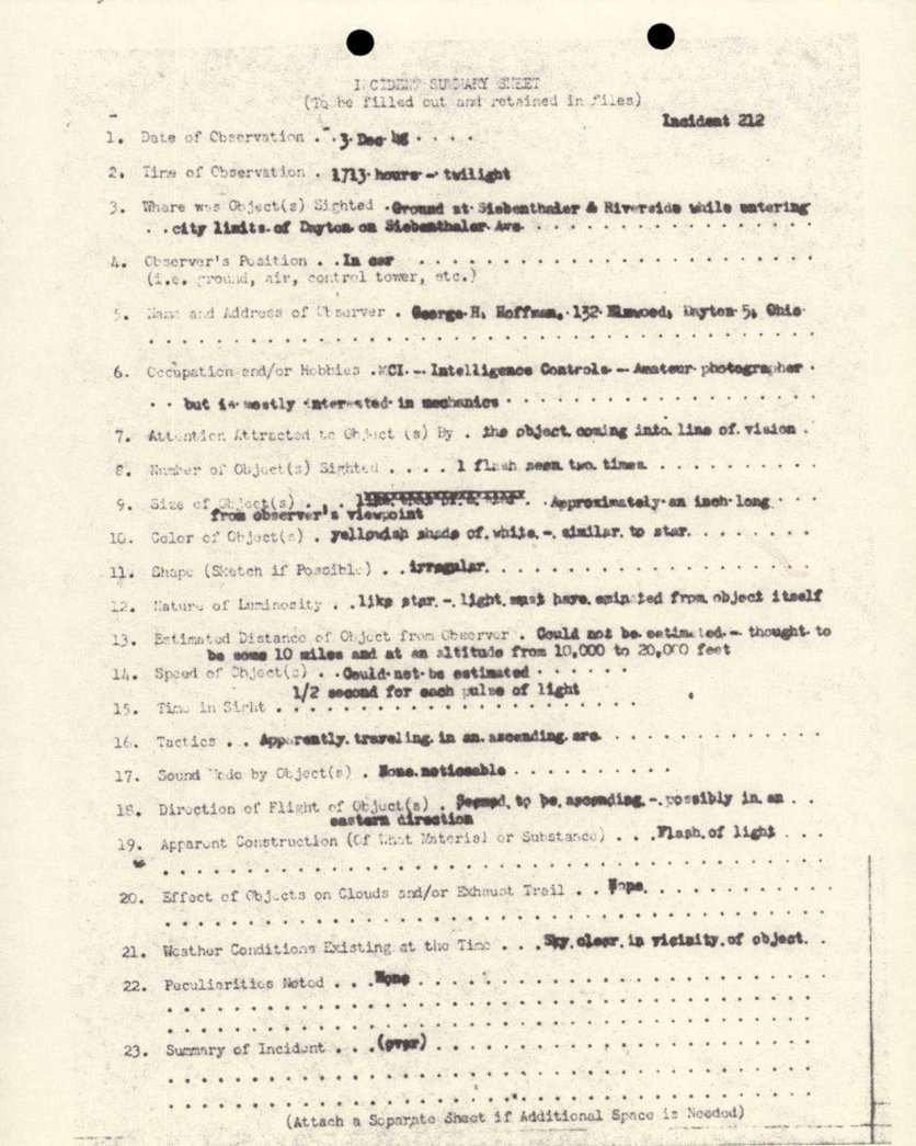 Formulário datilografado intitulado Incident Summary Sheet, incidente 212, com 23 campos preenchidos.