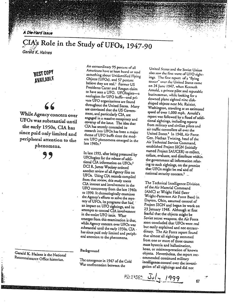 Página de revista em duas colunas com o título CIA's Role in the Study of UFOs, 1947-90, o carimbo Best Copy Available e a anotação manuscrita Released July 1999.