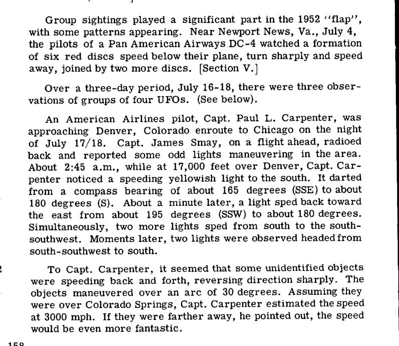 Recorte de página datilografada em duas colunas com o relato do capitão Carpenter sobre luzes perto de Denver.
