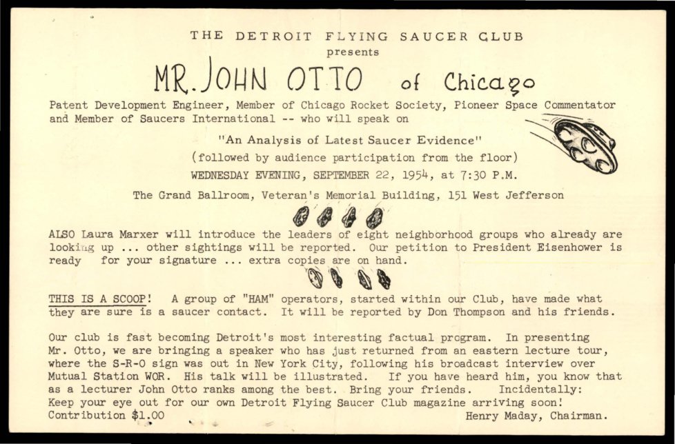 Folheto datilografado do Detroit Flying Saucer Club anunciando a palestra de John Otto, com pequenos desenhos de discos voadores.