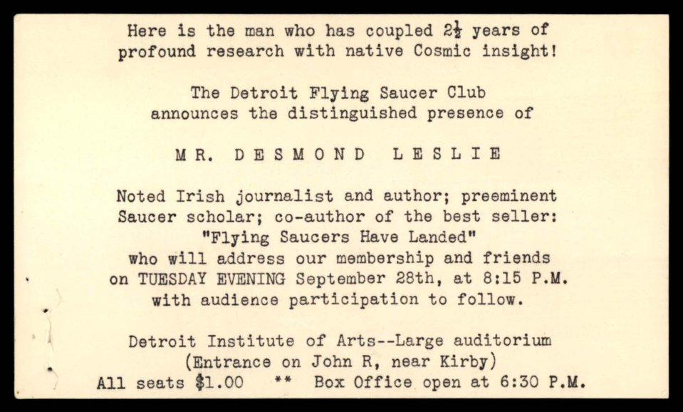 Cartão impresso anunciando a palestra de Desmond Leslie no Detroit Institute of Arts.