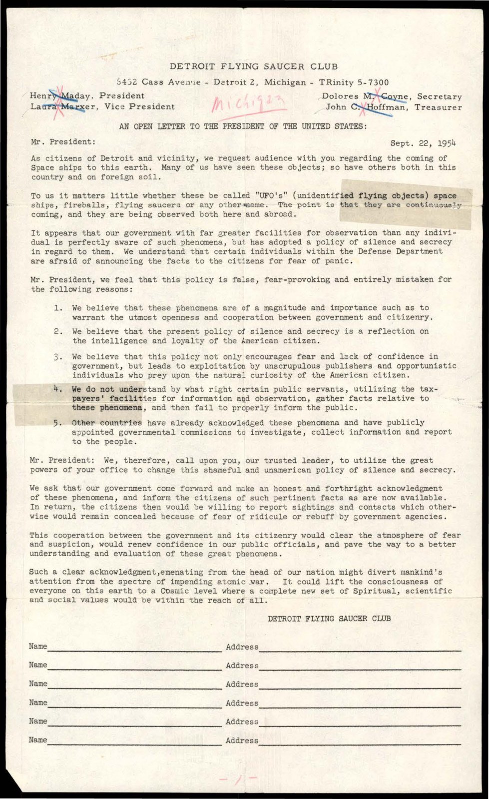 Página datilografada com o título 'An open letter to the President of the United States', nomes da diretoria do clube e linhas em branco para nome e endereço.