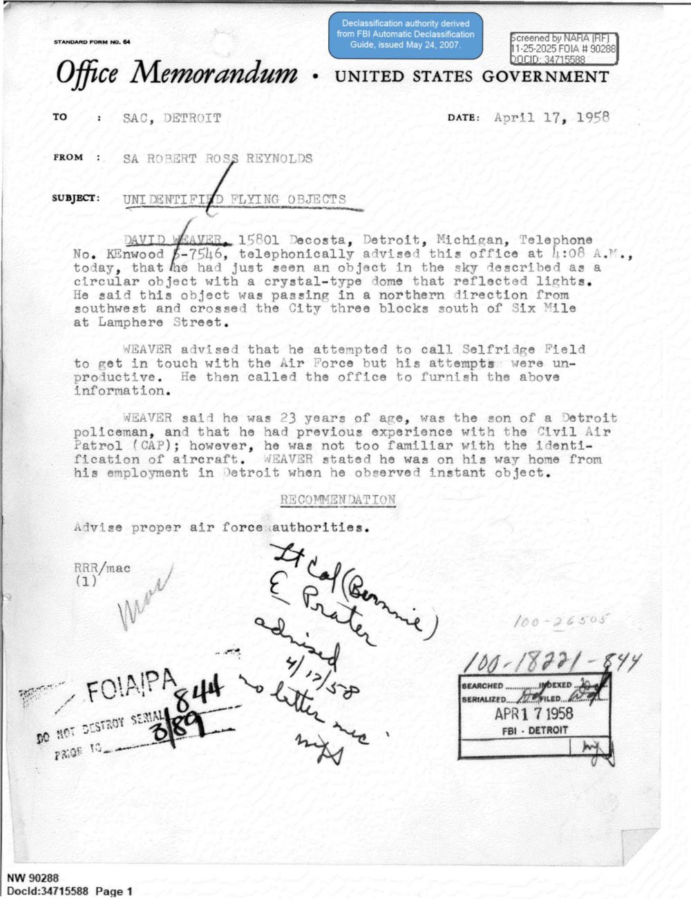 Memorando do FBI de Detroit sobre o objeto circular com cúpula de cristal descrito por um jovem de 23 anos.