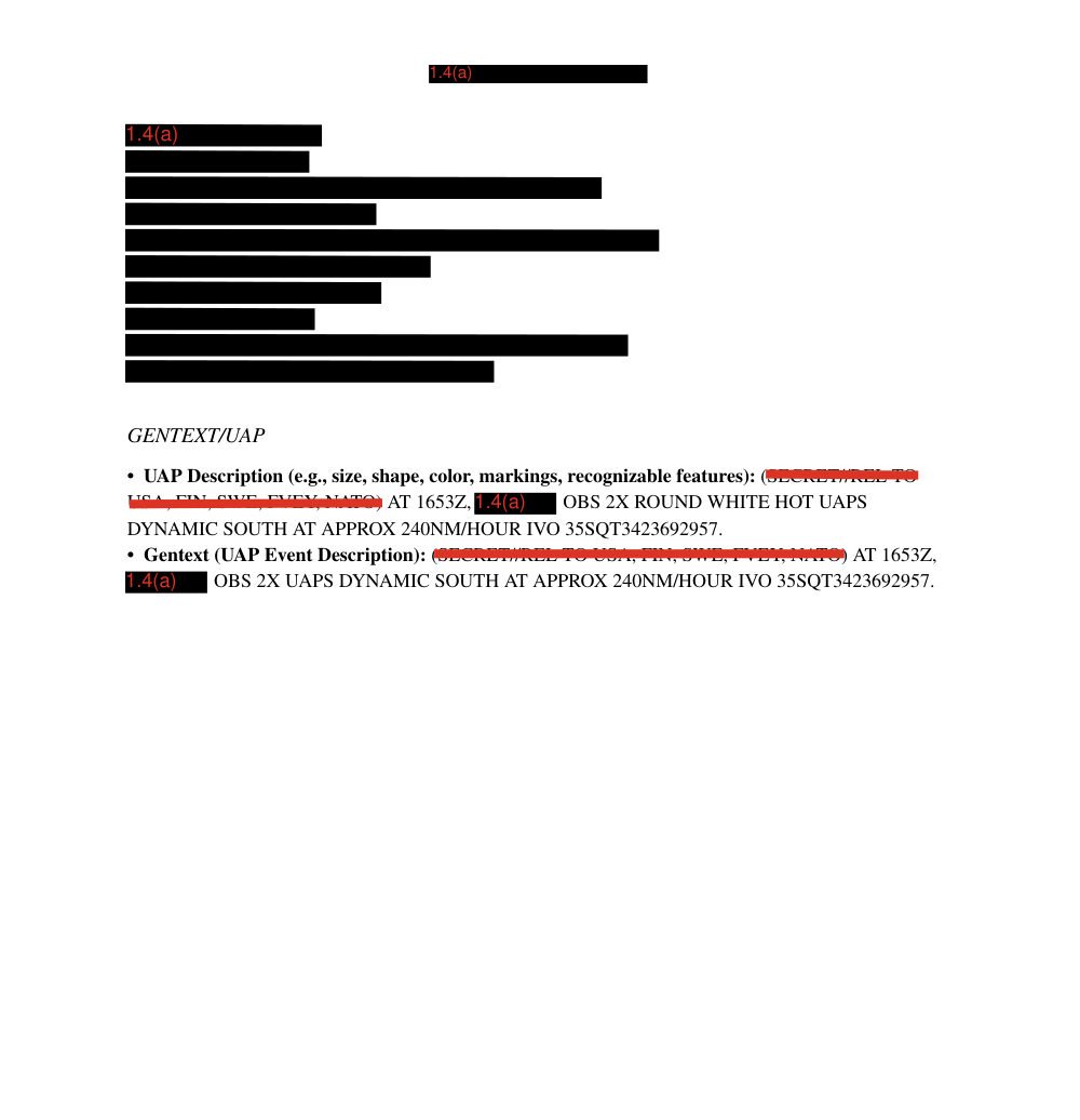 Página quase toda branca com poucas linhas de texto sobre dois UAPs redondos e algumas linhas tarjadas.