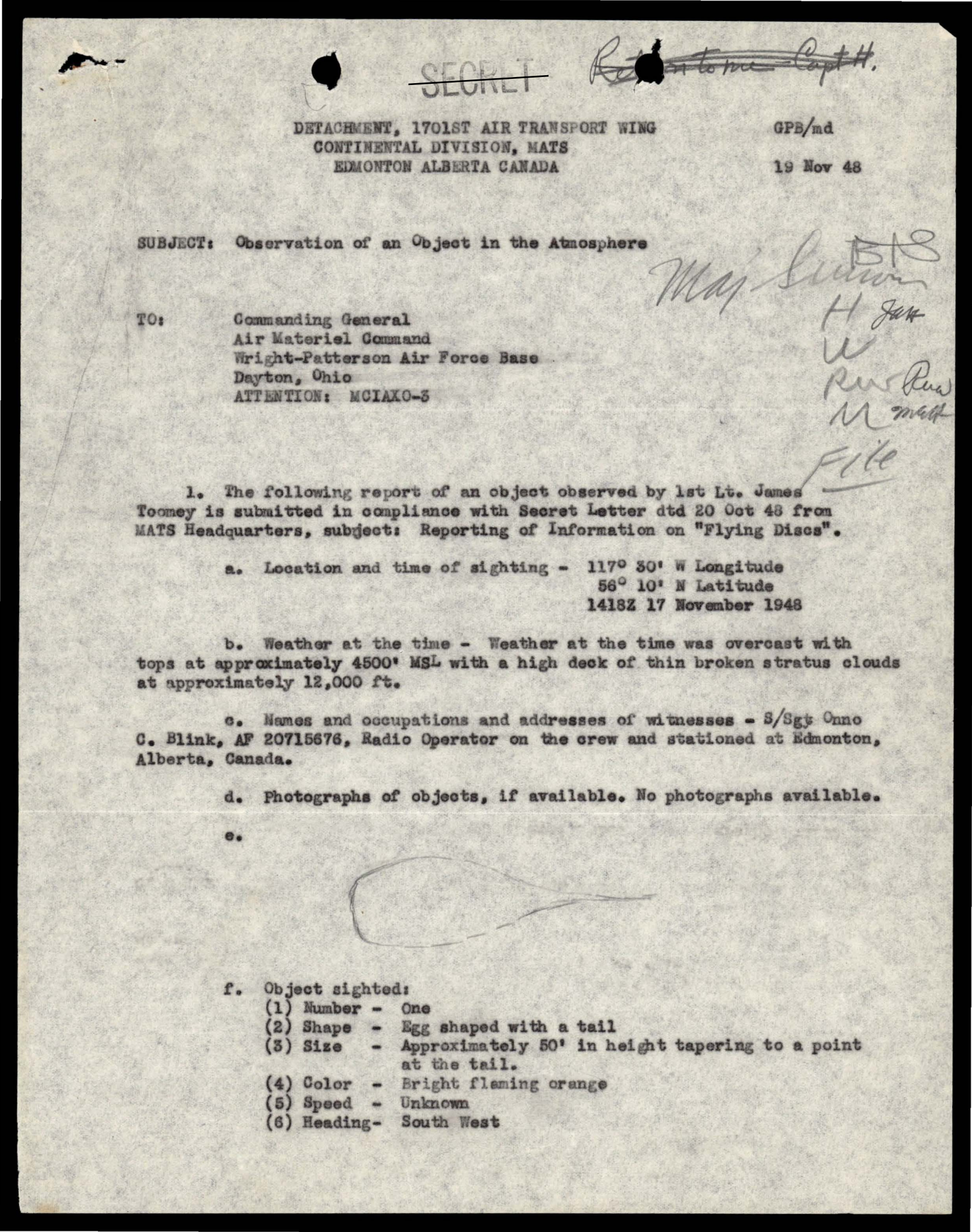 Desenho aproximado de objeto em forma de ovo com cauda, junto ao relatório de 19/11/1948.