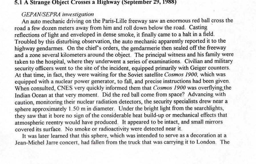 Trecho datilografado em inglês com o título 5.1 A Strange Object Crosses a Highway, September 29, 1988.