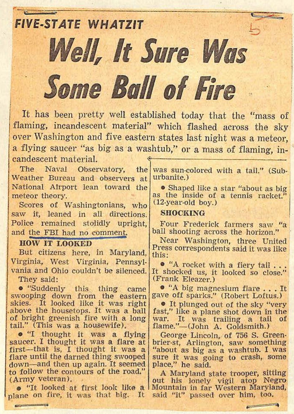 Recorte de jornal em duas colunas com a manchete Well, It Sure Was Some Ball of Fire.