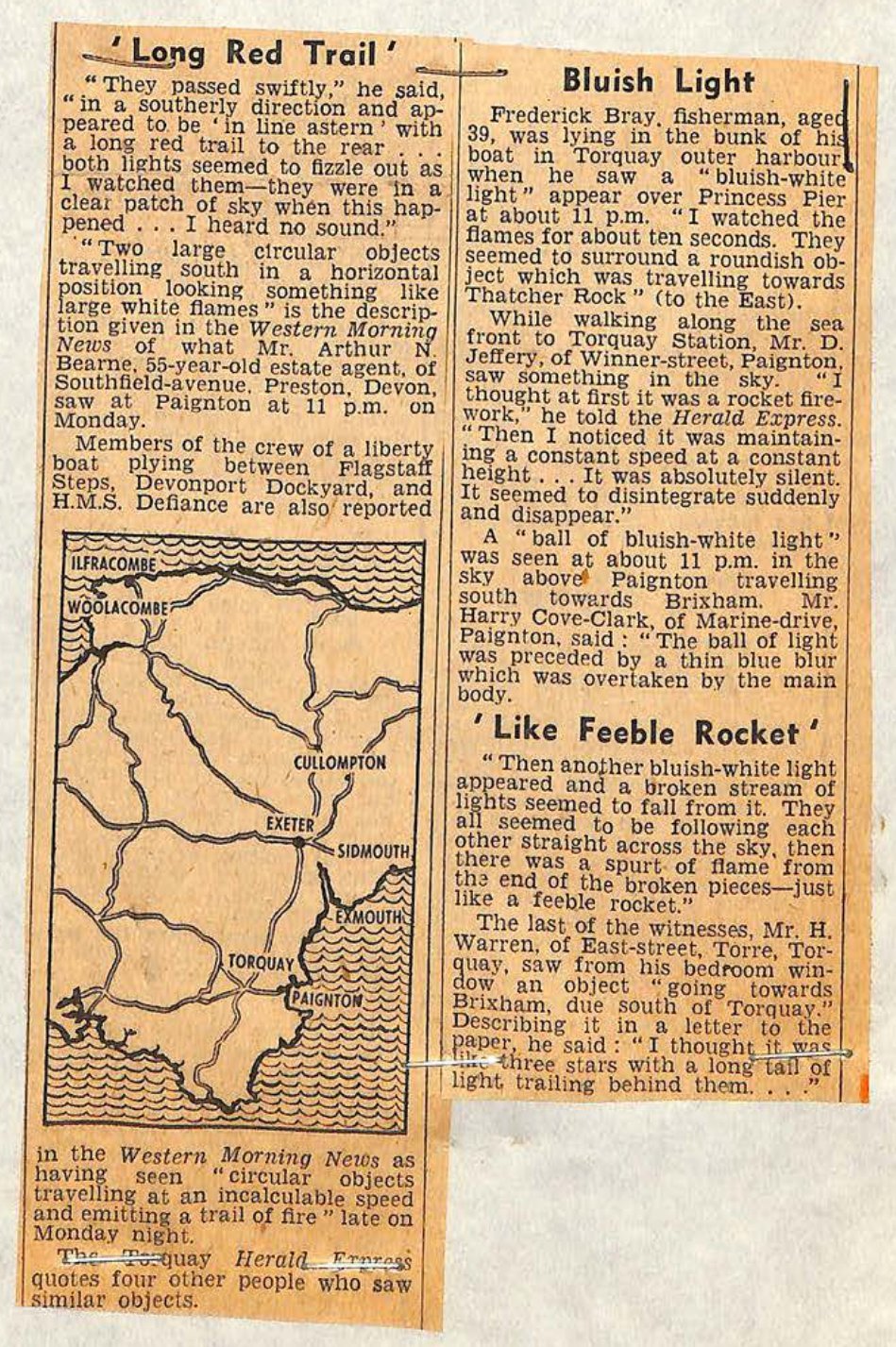 Recorte de jornal em duas colunas com um pequeno mapa desenhado do litoral de Devon.