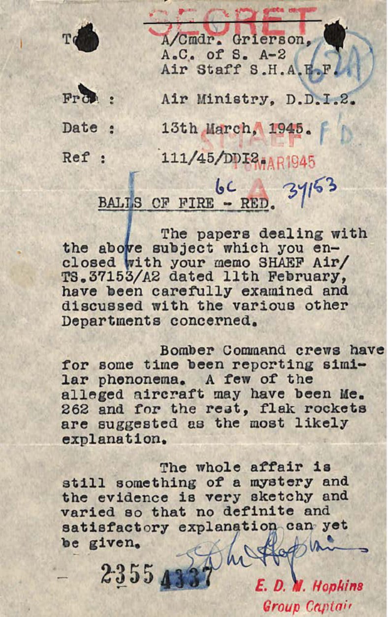 Folha datilografada com carimbo vermelho SECRET, do Air Ministry ao comodoro Grierson, datada de 13 de março de 1945, título Balls of Fire - Red.