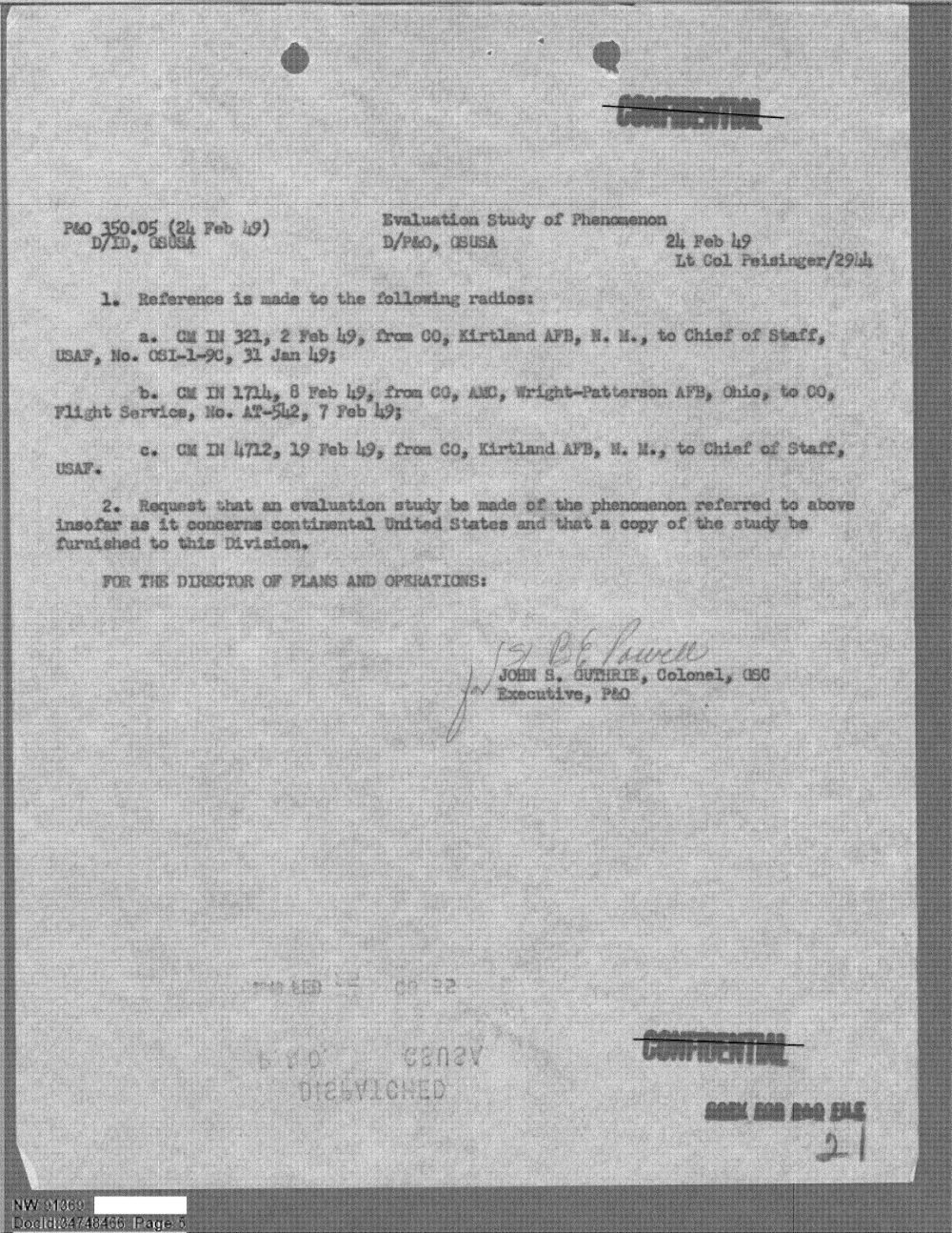 Memorando datilografado do Exército dos EUA, de fevereiro de 1949, recomendando um estudo sobre os discos voadores