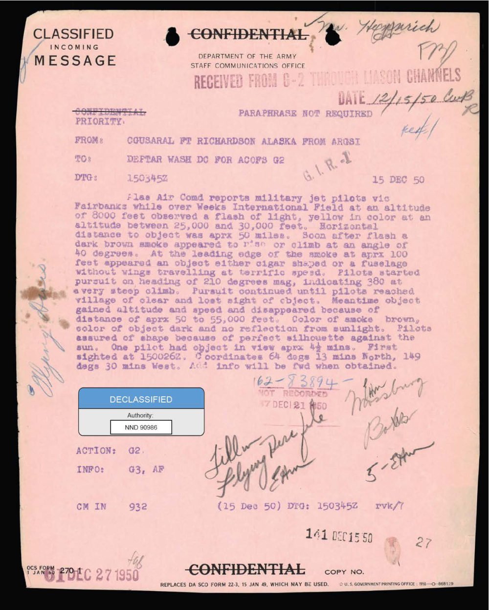 Mensagem classificada do Exército sobre o objeto visto por pilotos de jato perto de Fairbanks.