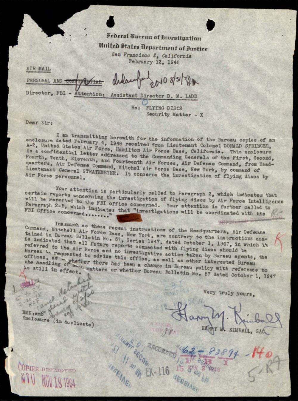 Carta datilografada do FBI de San Francisco ao Diretor, com carimbos e o carimbo Copies Destroyed.