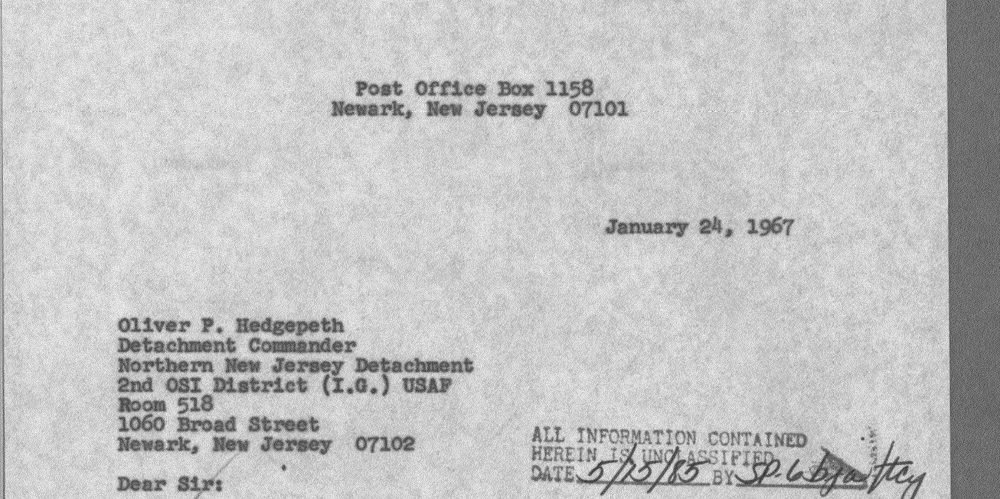 Cabeçalho da carta do FBI de Newark ao OSI, 24/01/1967