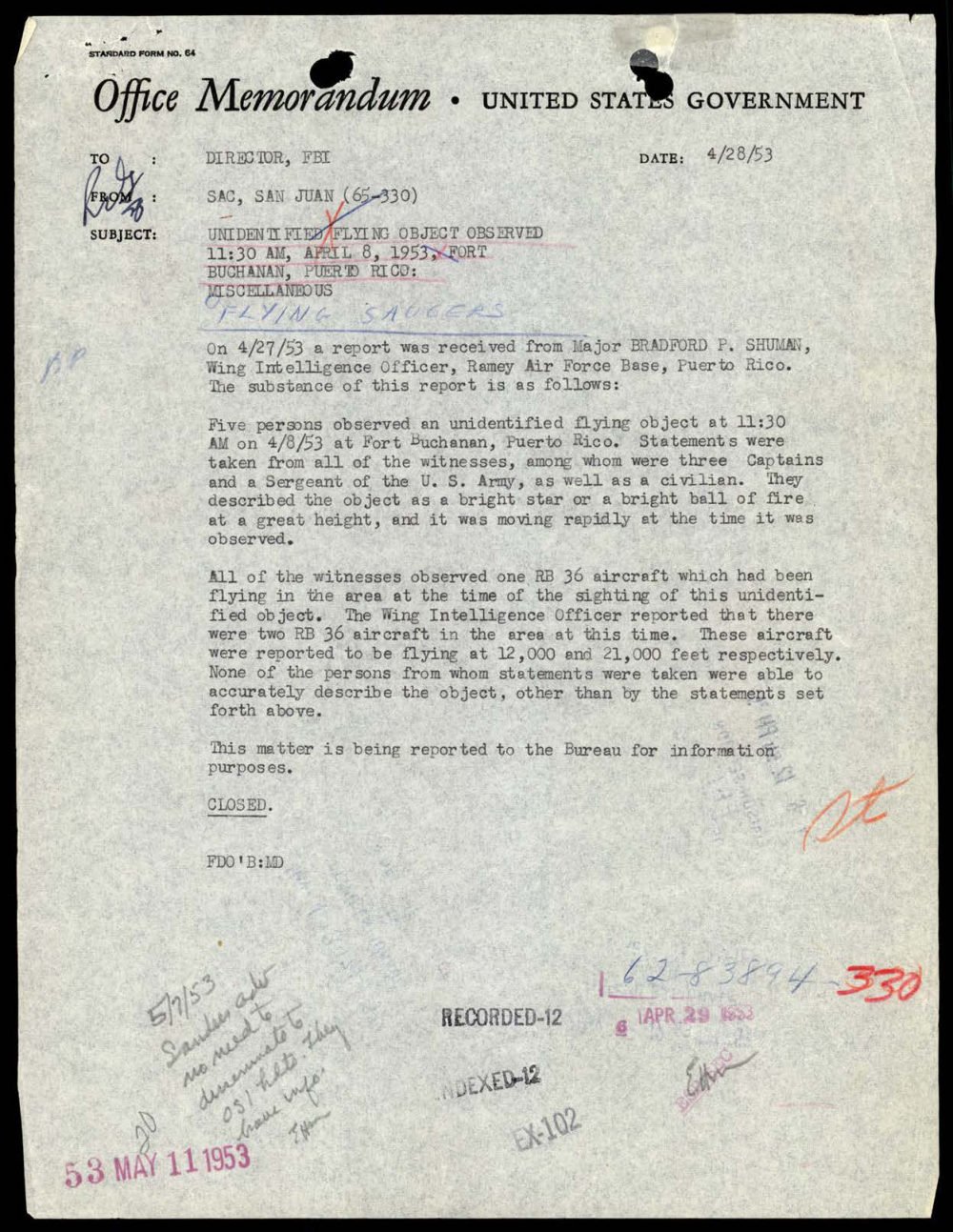 Memorando do FBI de San Juan sobre objeto voador não identificado em Fort Buchanan, Porto Rico.