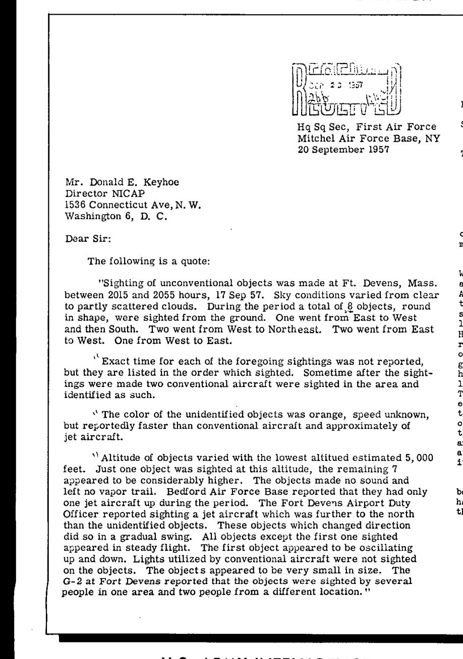 Carta datilografada com cabeçalho Hq Sq Sec, First Air Force, Mitchel Air Force Base, endereçada a Donald E. Keyhoe, com quatro parágrafos entre aspas.