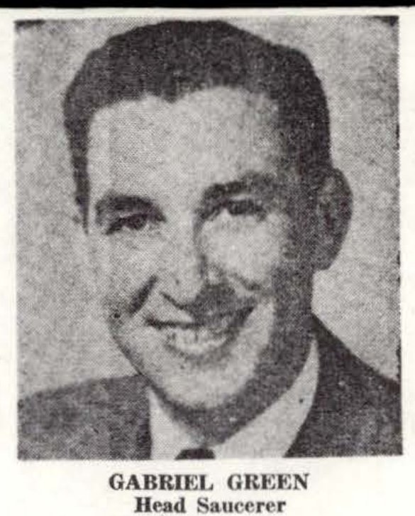 Retrato em preto e branco de Gabriel Green, homem de terno sorrindo, com legenda do jornal.