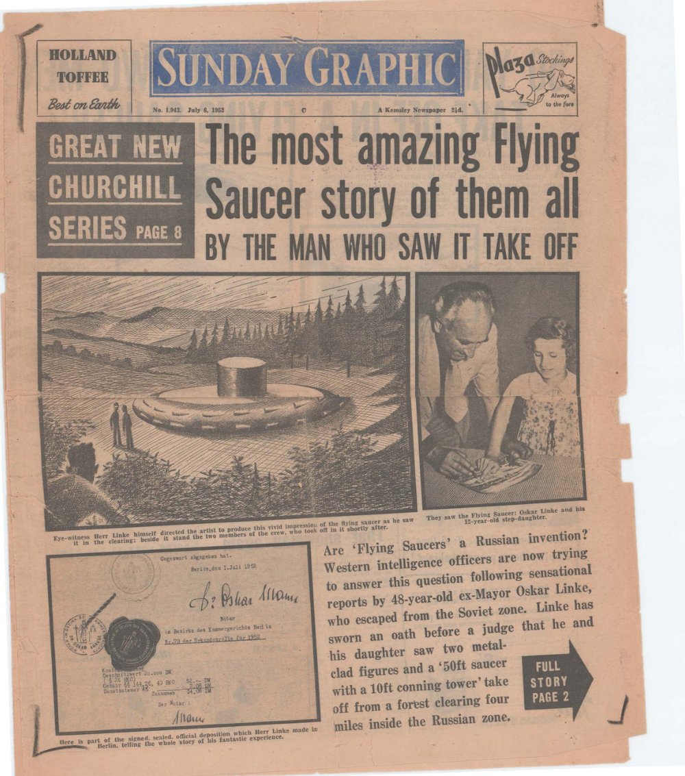 Capa de jornal com a manchete sobre disco voador, desenho de um objeto circular com torre numa clareira e duas figuras em pé, foto de um homem e uma menina e um documento com selo.