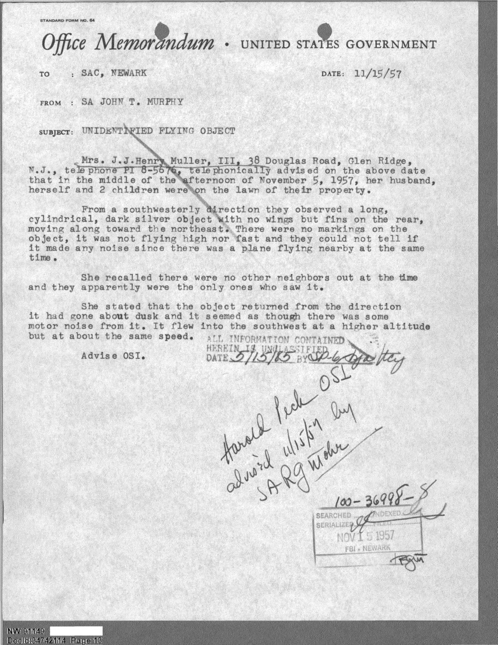 Memorando do FBI de 15/11/1957 com a descrição do objeto cilíndrico visto em Glen Ridge