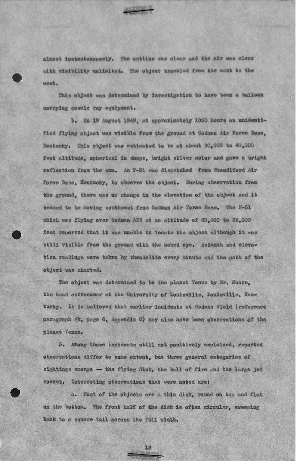 Página do relatório da Força Aérea de 1948 com o caso de Godman e a identificação como Vênus.