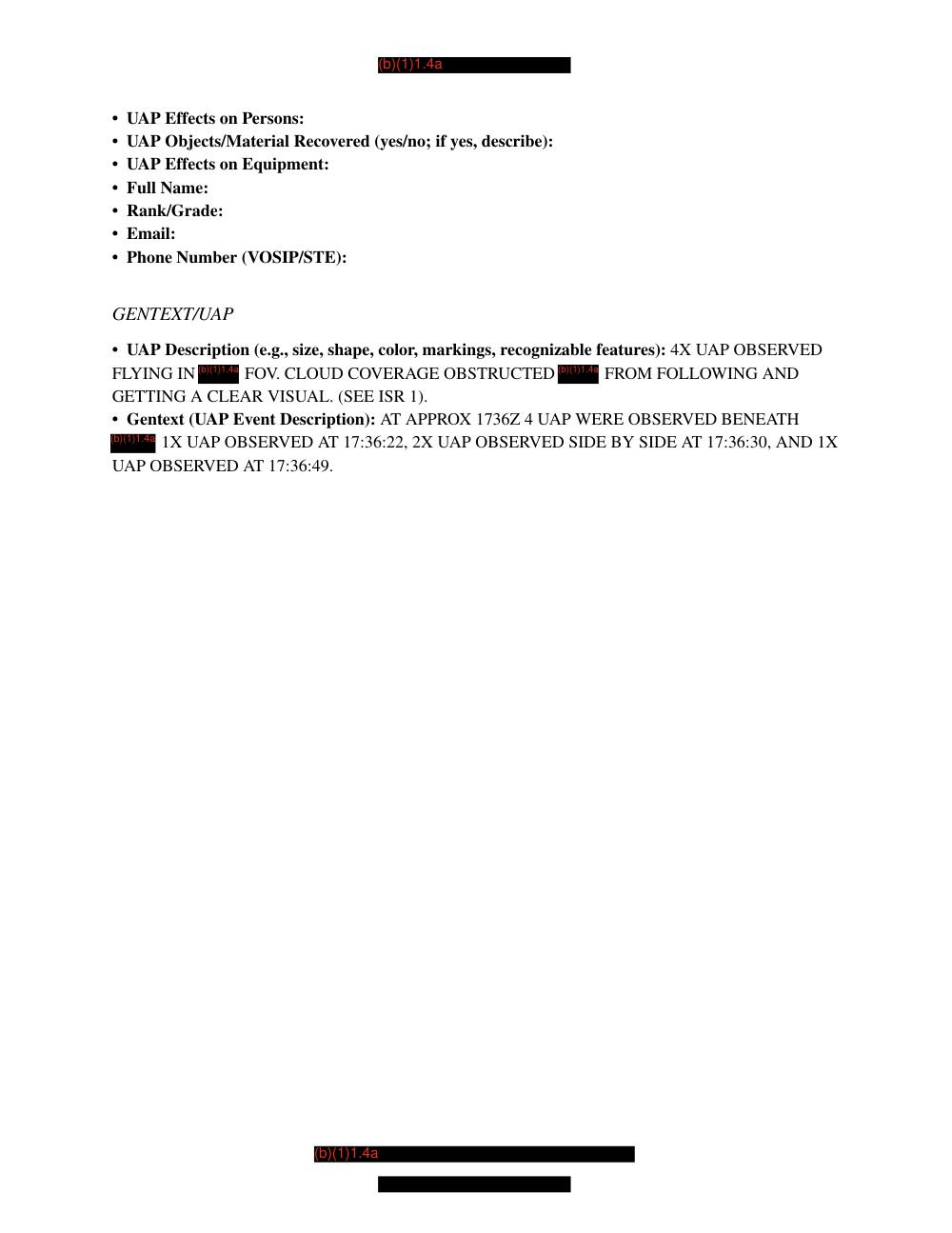 Página de relatório de missão com campos em branco e duas linhas de texto sobre quatro UAPs observados abaixo das nuvens.