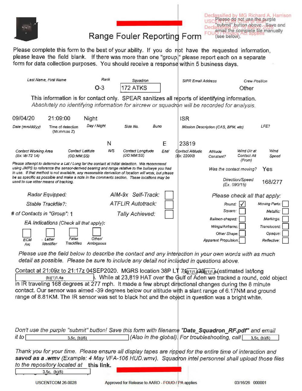 Formulário Range Fouler Reporting Form preenchido, com tarjas de informação suprimida.