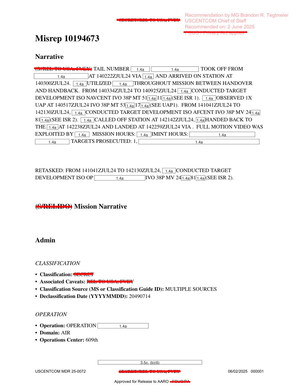 Página de relatório de missão com texto em maiúsculas e vários retângulos marcados 1.4a no lugar de dados omitidos.