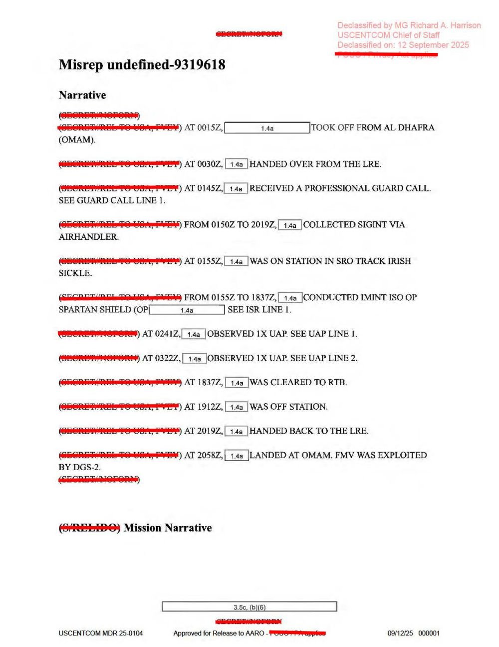 Primeira página do relatório de missão de Al Dhafra com a narrativa em horários.