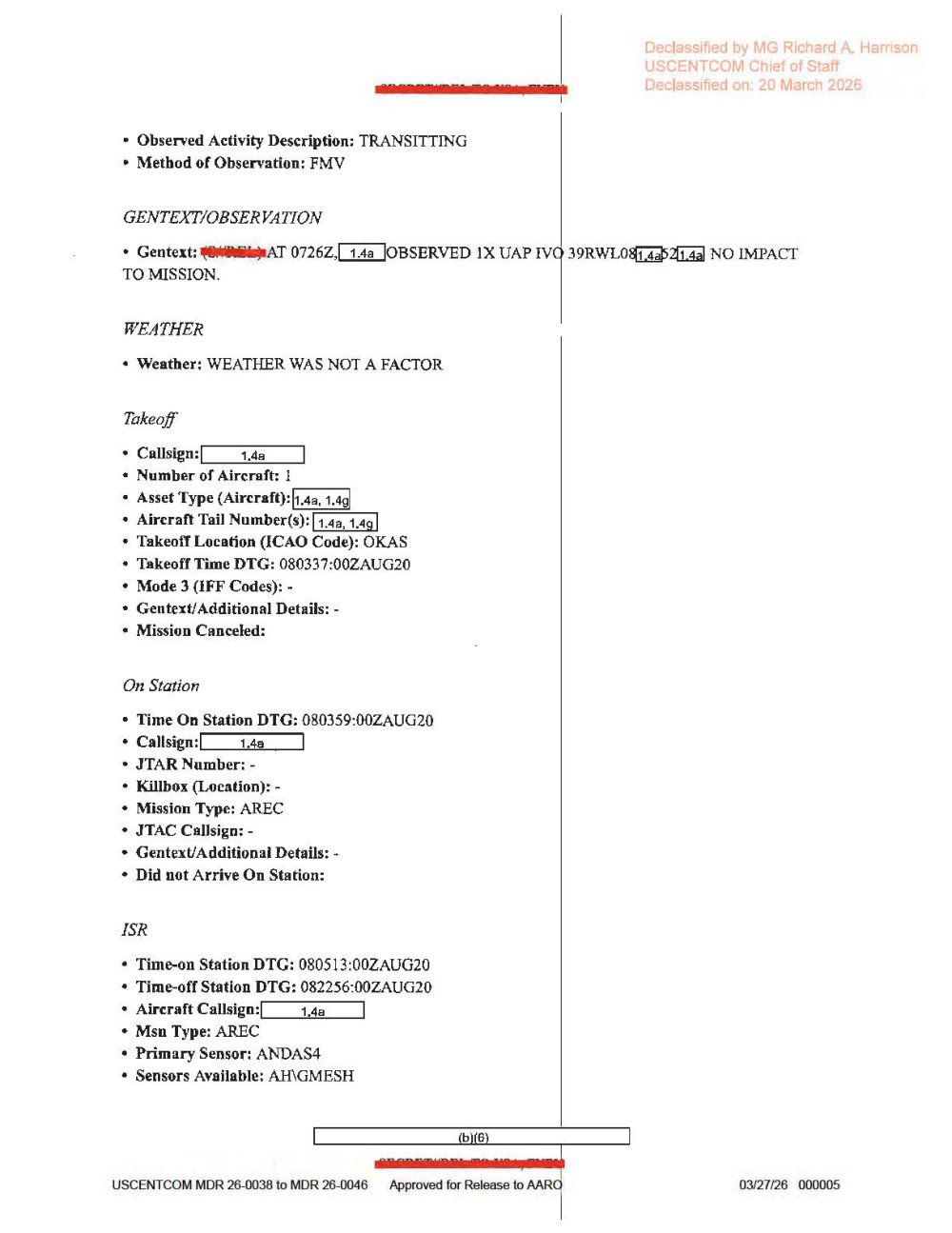 Página de relatório de missão com poucas linhas sobre o UAP e listas de campos da decolagem.