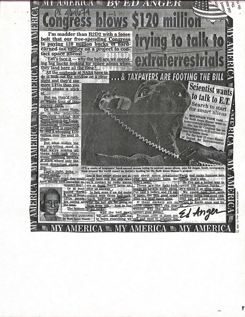 Página de tabloide com a manchete Congress blows $120 million trying to talk to extraterrestrials, foto do personagem E.T. e trechos sublinhados.