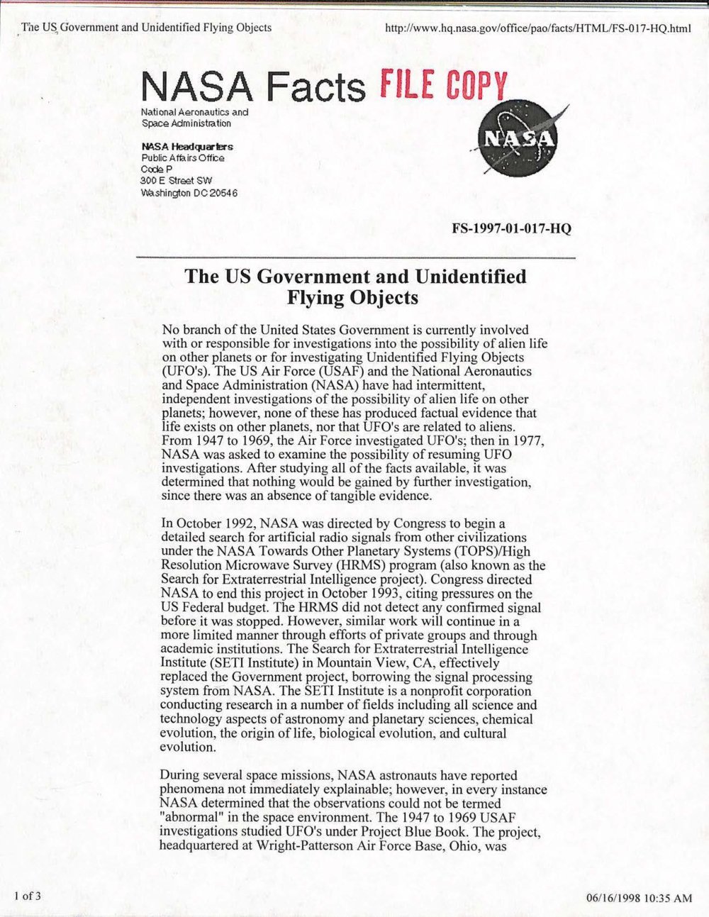 Impressão de página da web da NASA com o título NASA Facts, carimbo FILE COPY e o texto da ficha.