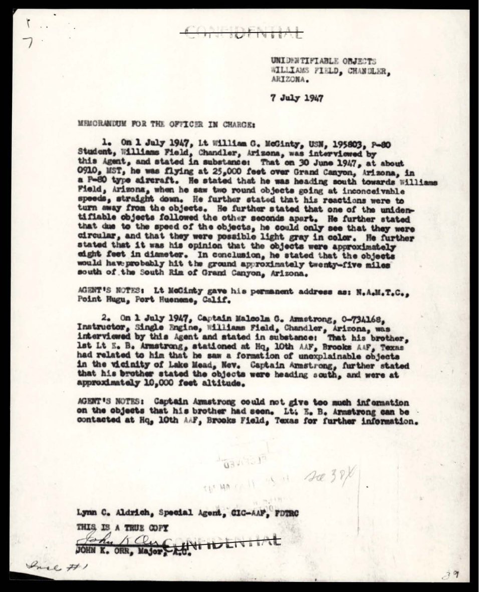Memorando datilografado com o título Unidentifiable Objects, Williams Field, 7 July 1947, com dois itens numerados