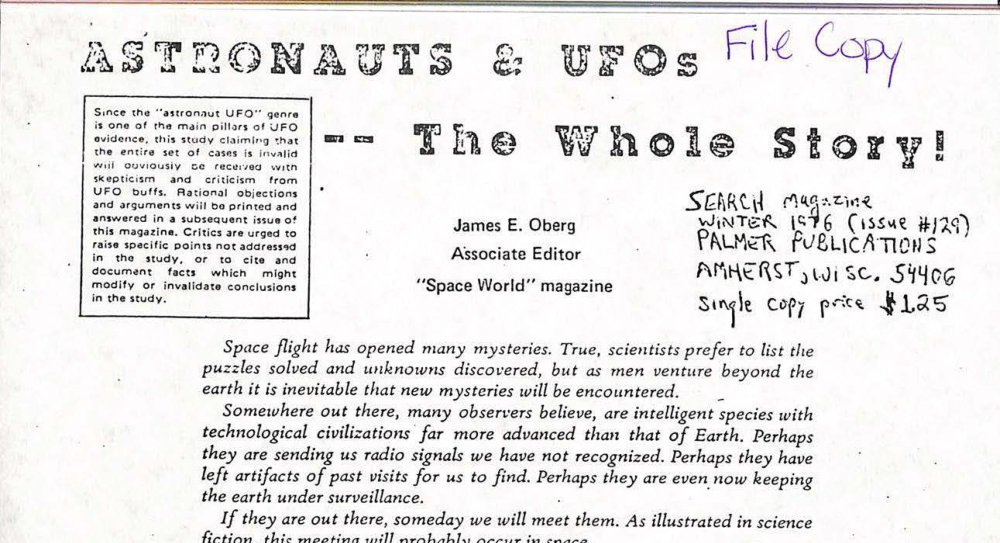 Página de revista com o título Astronauts & UFOs, o nome de James E. Oberg e anotação manuscrita com dados da publicação.