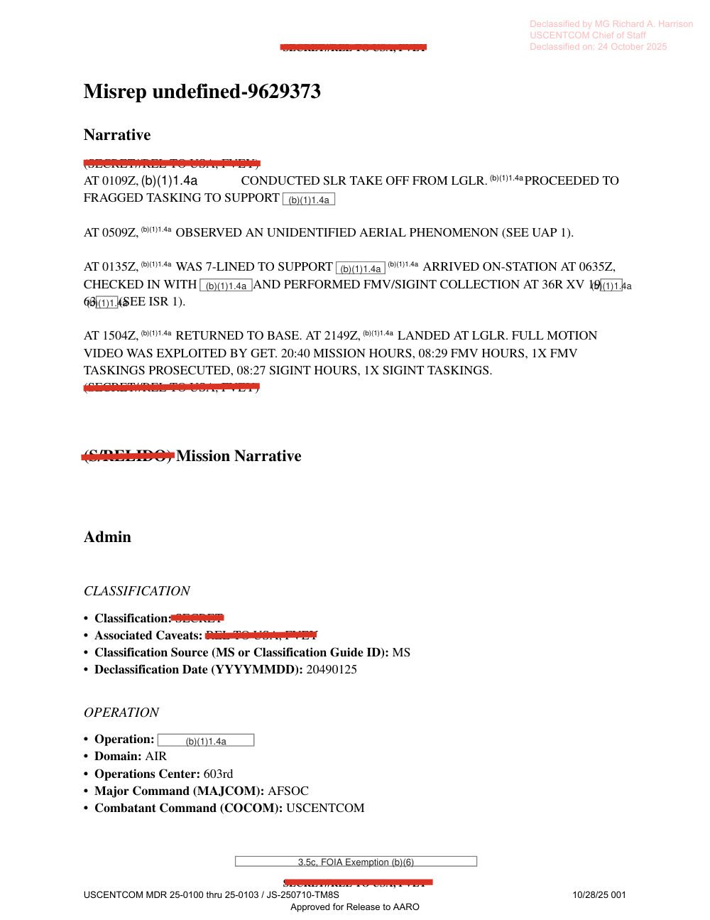 Página de relatório militar com a narrativa da missão e algumas caixas de tarja.