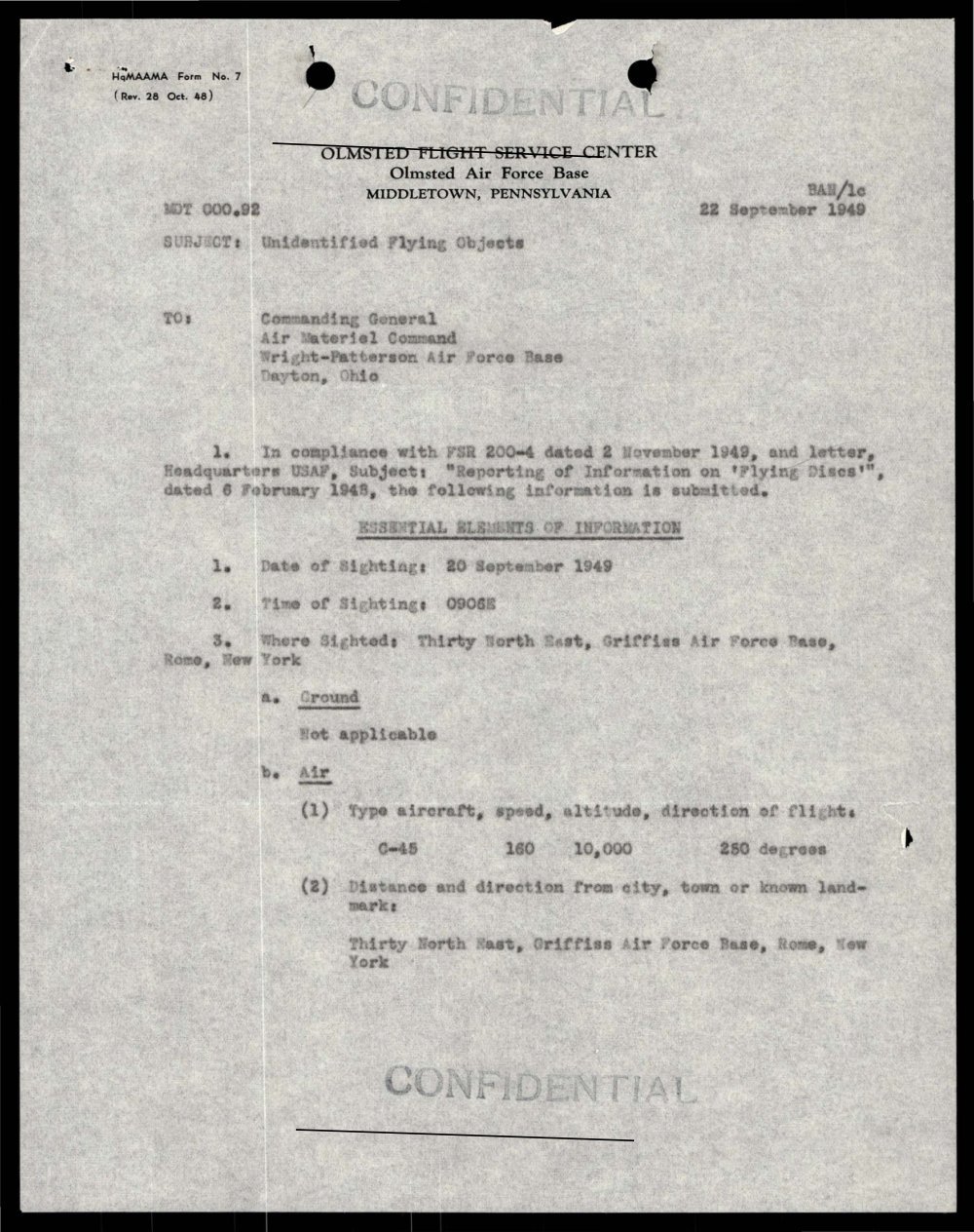Primeira página do relatório confidencial de Olmsted sobre objetos voadores não identificados.