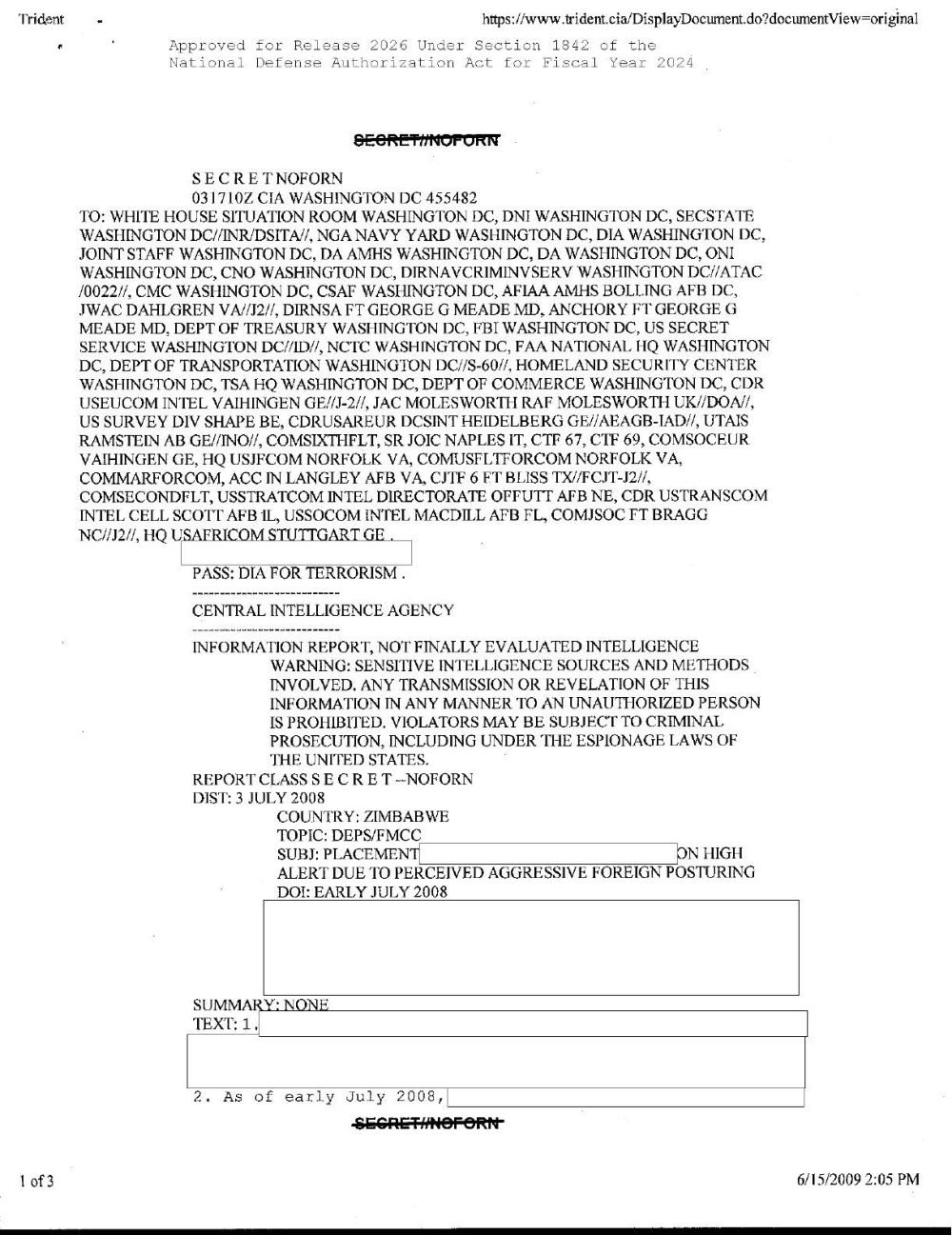 Página de mensagem de inteligência com lista de destinatários, cabeçalho e assunto, com alguns campos tarjados.