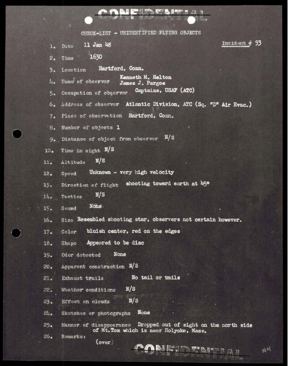Ficha datilografada do incidente 93, Hartford, 1948
