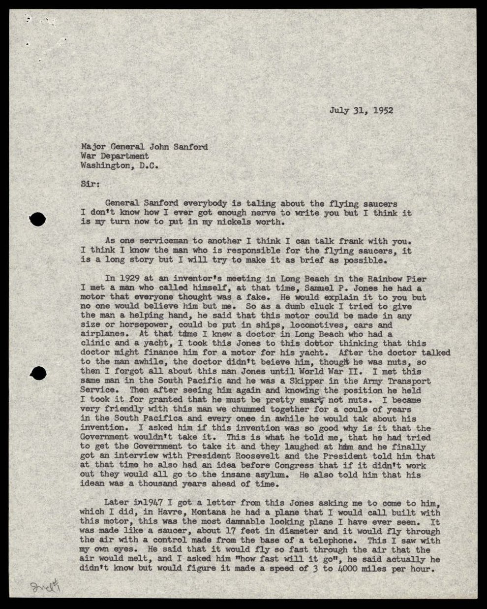 Folha datilografada com a data July 31, 1952, endereçada a Major General John Sanford, War Department, Washington, D.C., com cinco parágrafos e a anotação manuscrita Incl #1 no rodapé.