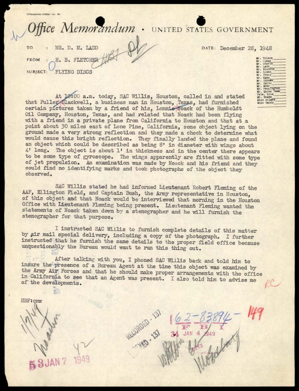 Memorando do FBI com a primeira versão do caso do disco de Helendale.