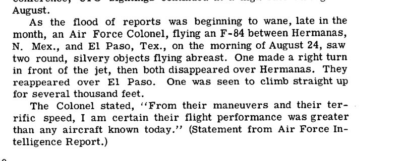 Recorte de texto datilografado sobre o avistamento de um coronel num F-84 entre Hermanas e El Paso.