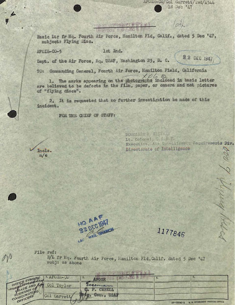 Folha datilografada esverdeada com o cabeçalho AFOIR-CO, 18 Dec 47, dois itens numerados, carimbo 22 Dec 1947, carimbo de correspondência HQ AAF, o número 1177846 e, embaixo, um quadro com os nomes Col Taylor, Col Garrett, Eiseman e C. P. Cabell.
