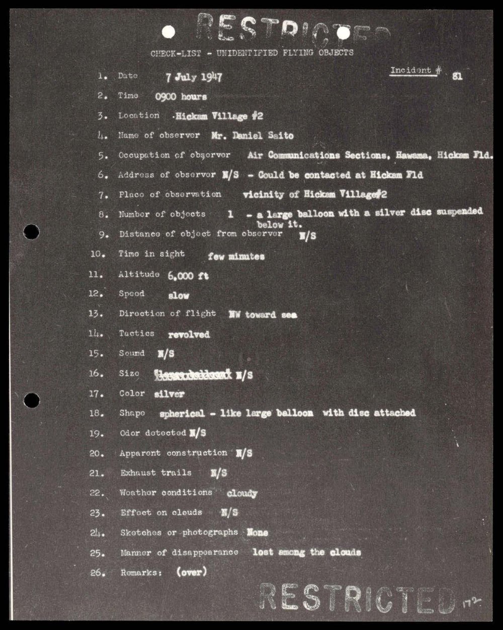 Ficha datilografada do incidente 81, Hickam, Havaí, 1947