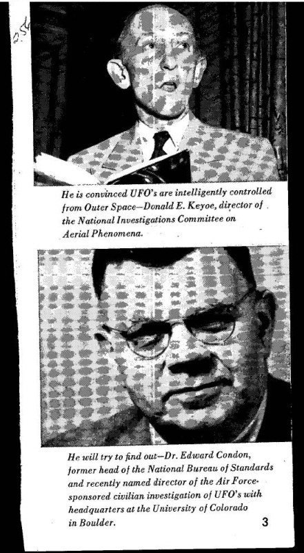 Recorte de revista com foto de Donald Keyhoe segurando papéis e foto de rosto de Edward Condon de óculos, cada uma com legenda em inglês