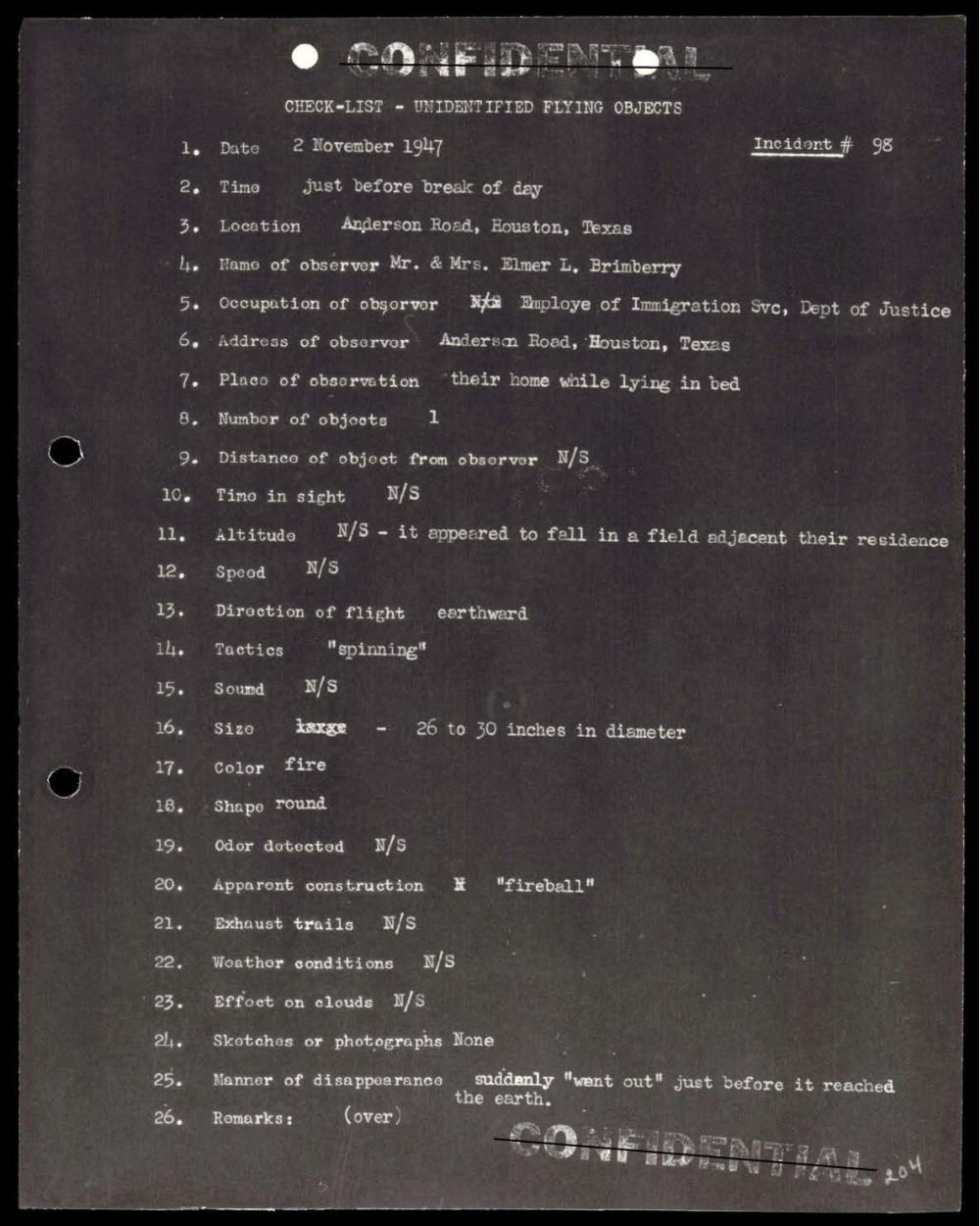 Ficha datilografada do incidente 98, Houston, 1947
