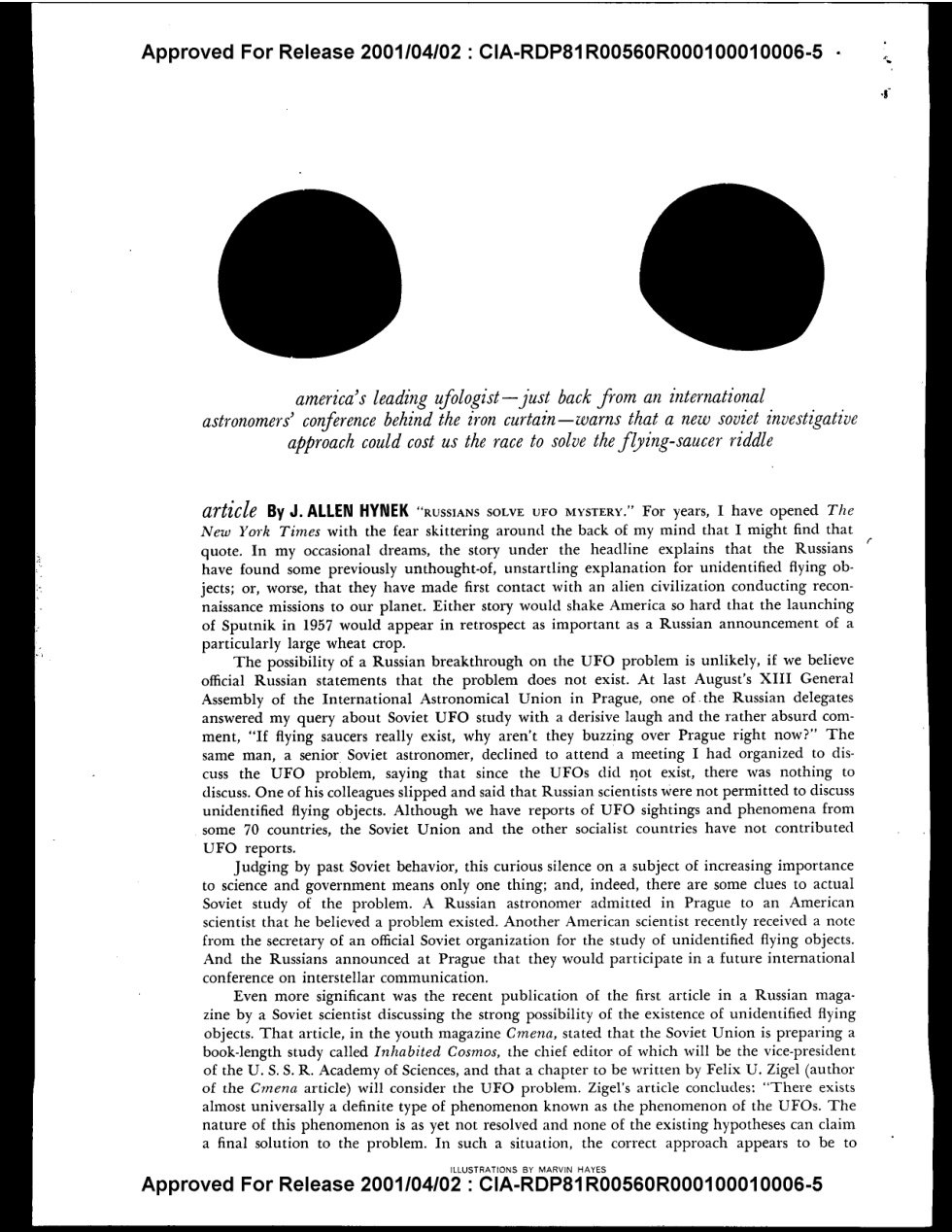 Página de revista com dois grandes círculos pretos no alto, um texto de apresentação em itálico e o início do artigo de J. Allen Hynek em colunas largas