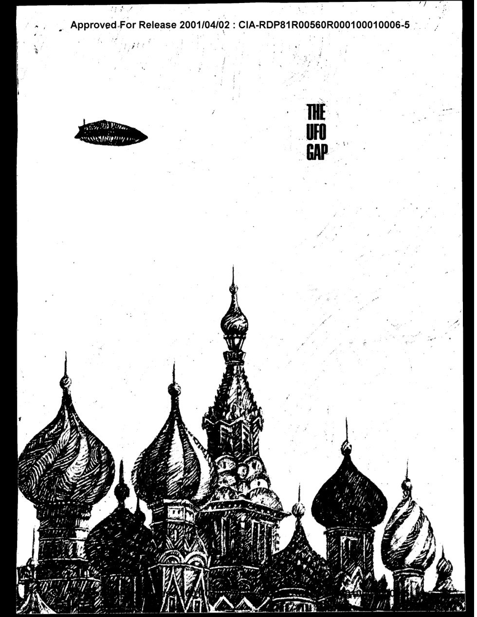 Ilustração em preto e branco das cúpulas em forma de cebola da Catedral de São Basílio, com um objeto alongado no céu e o título The UFO Gap
